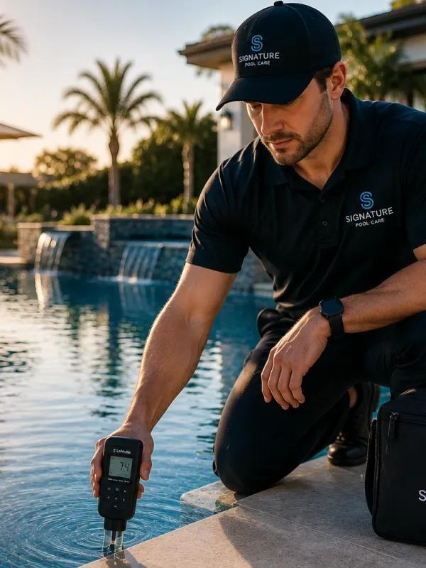 Signature Pool Care technician testing pool water