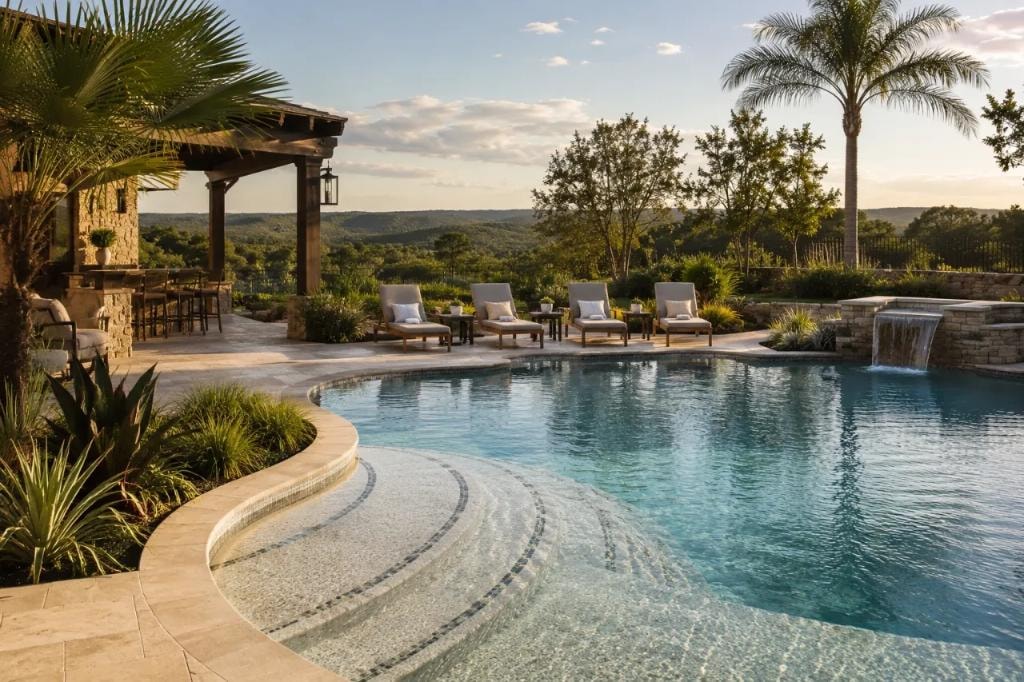 Luxury pool in the Texas Hill Country at sunset